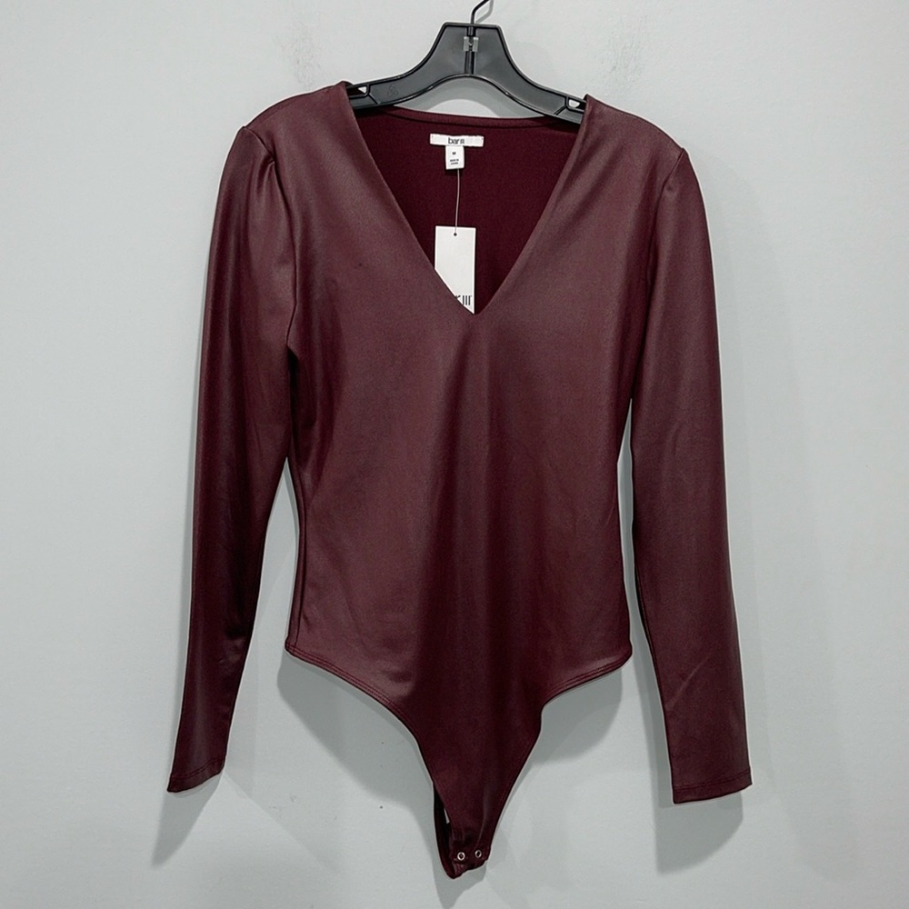 Bar III maroon red coated look bodysuit size medium long sleeve NEW